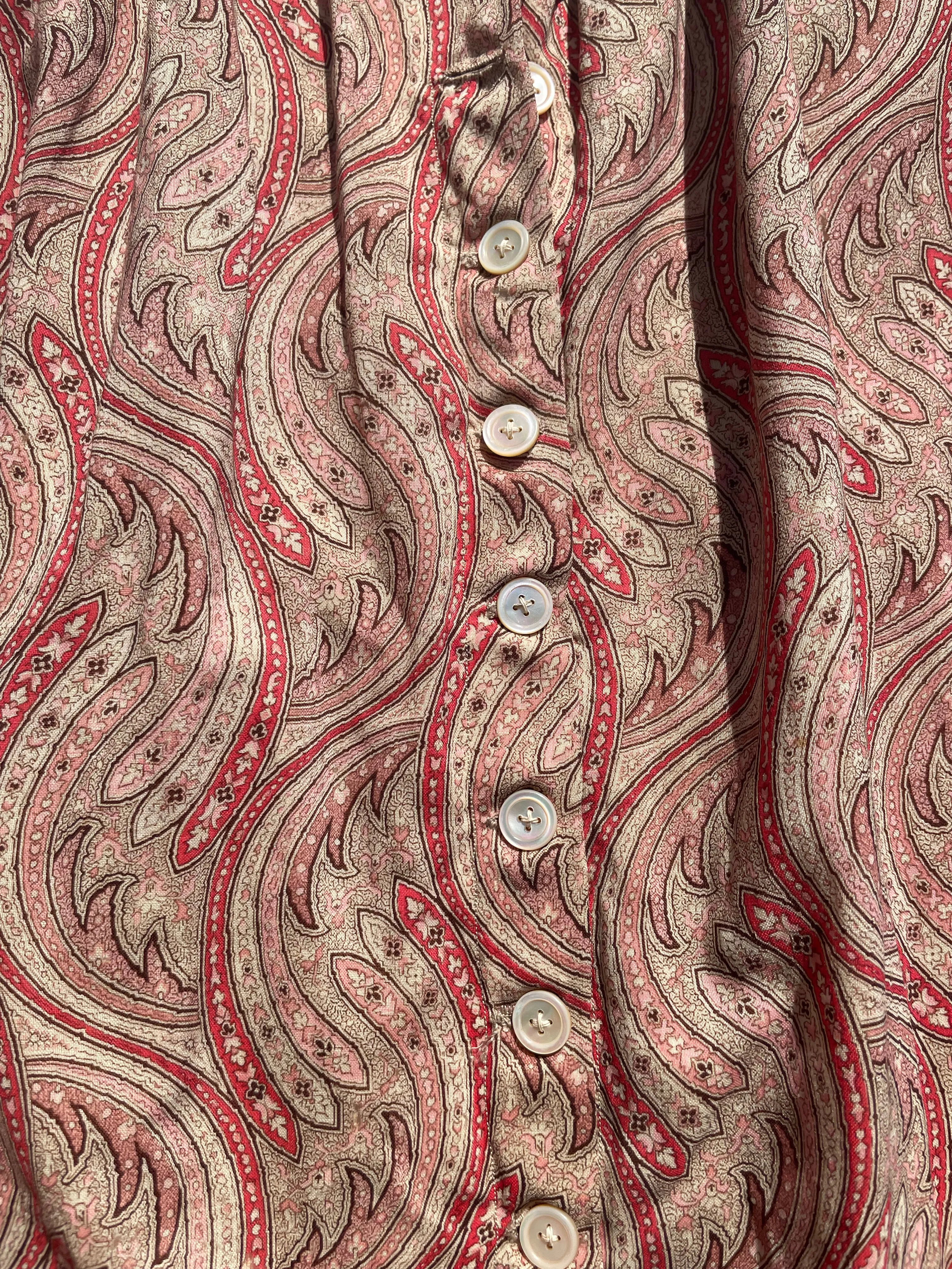 1890s Paisley Wool Challis Bishop Sleeve Wrapper Gown