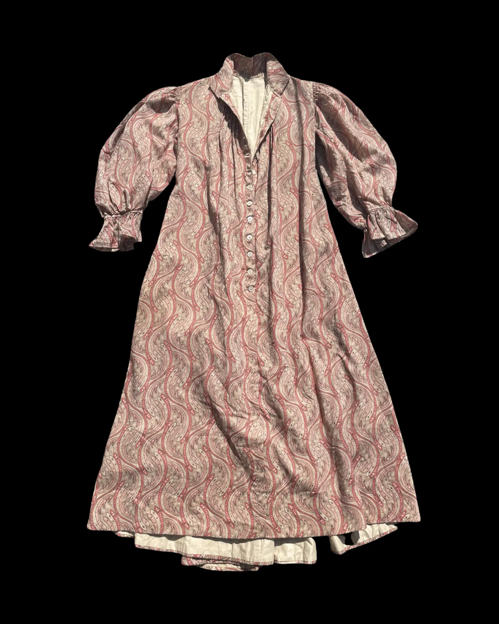 1890s Paisley Wool Challis Bishop Sleeve Wrapper Gown