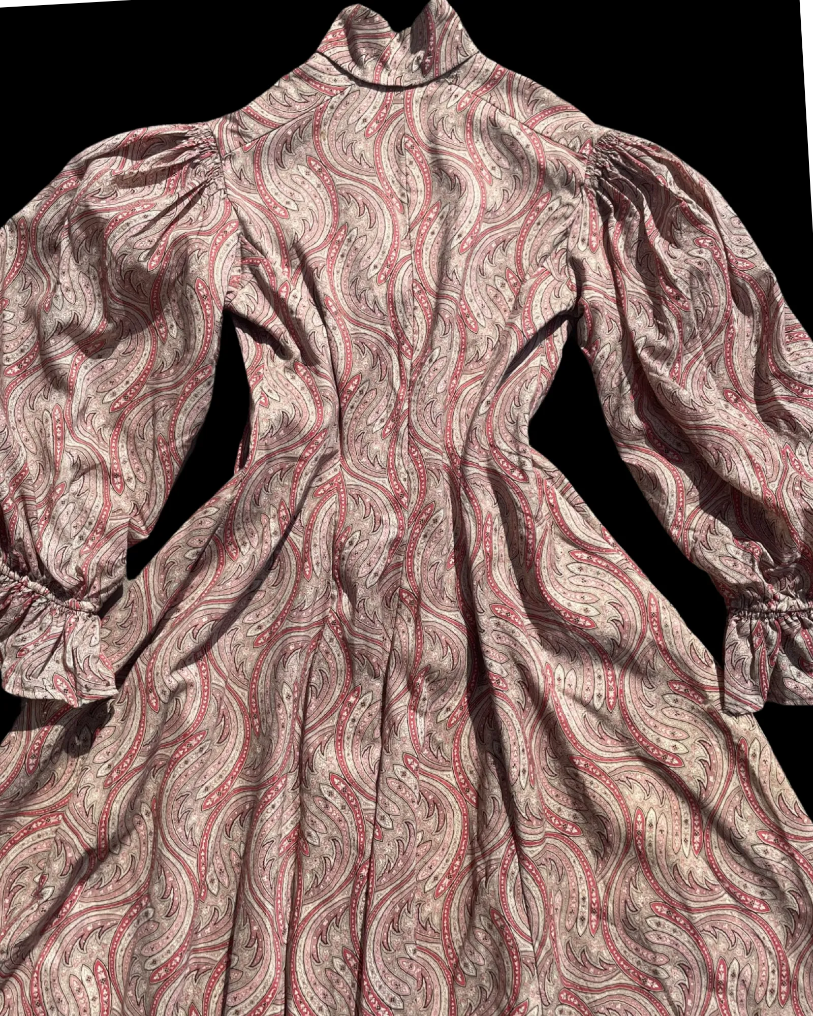 1890s Paisley Wool Challis Bishop Sleeve Wrapper Gown
