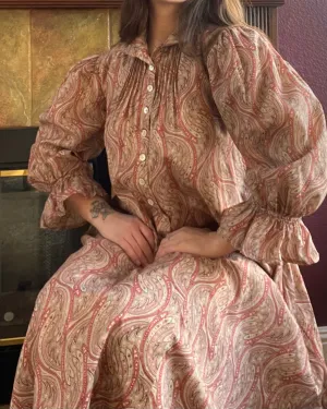 1890s Paisley Wool Challis Bishop Sleeve Wrapper Gown