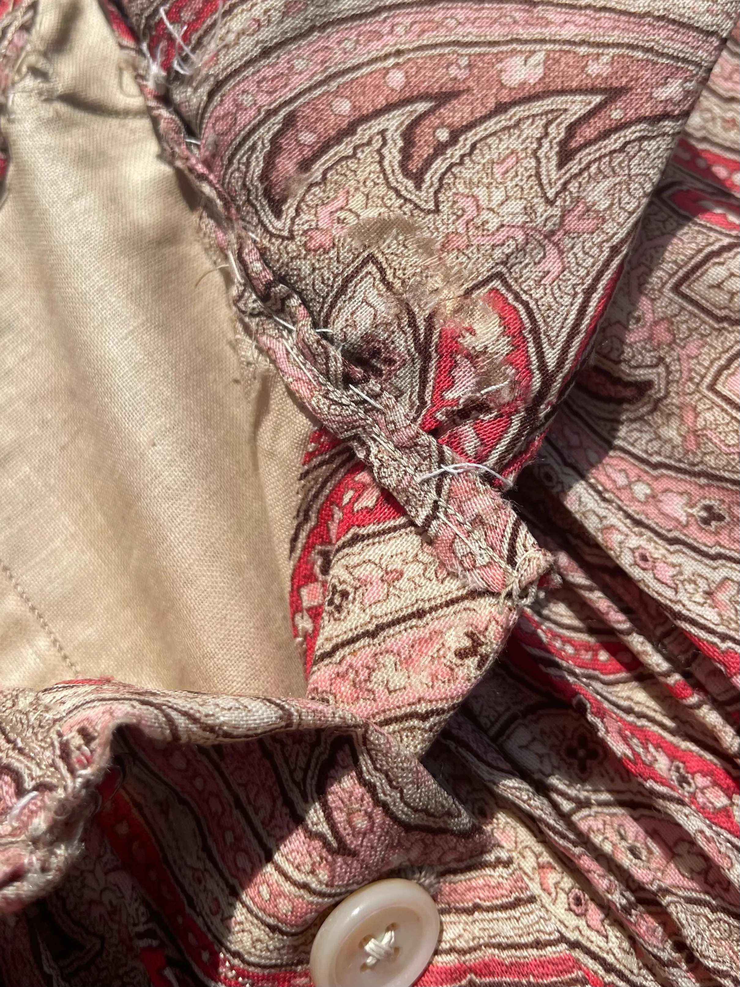 1890s Paisley Wool Challis Bishop Sleeve Wrapper Gown