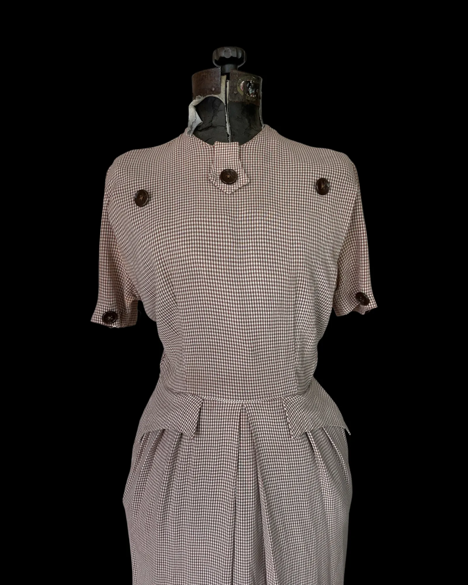 1940s Peplum Gingham Button Back Gabardine Dress