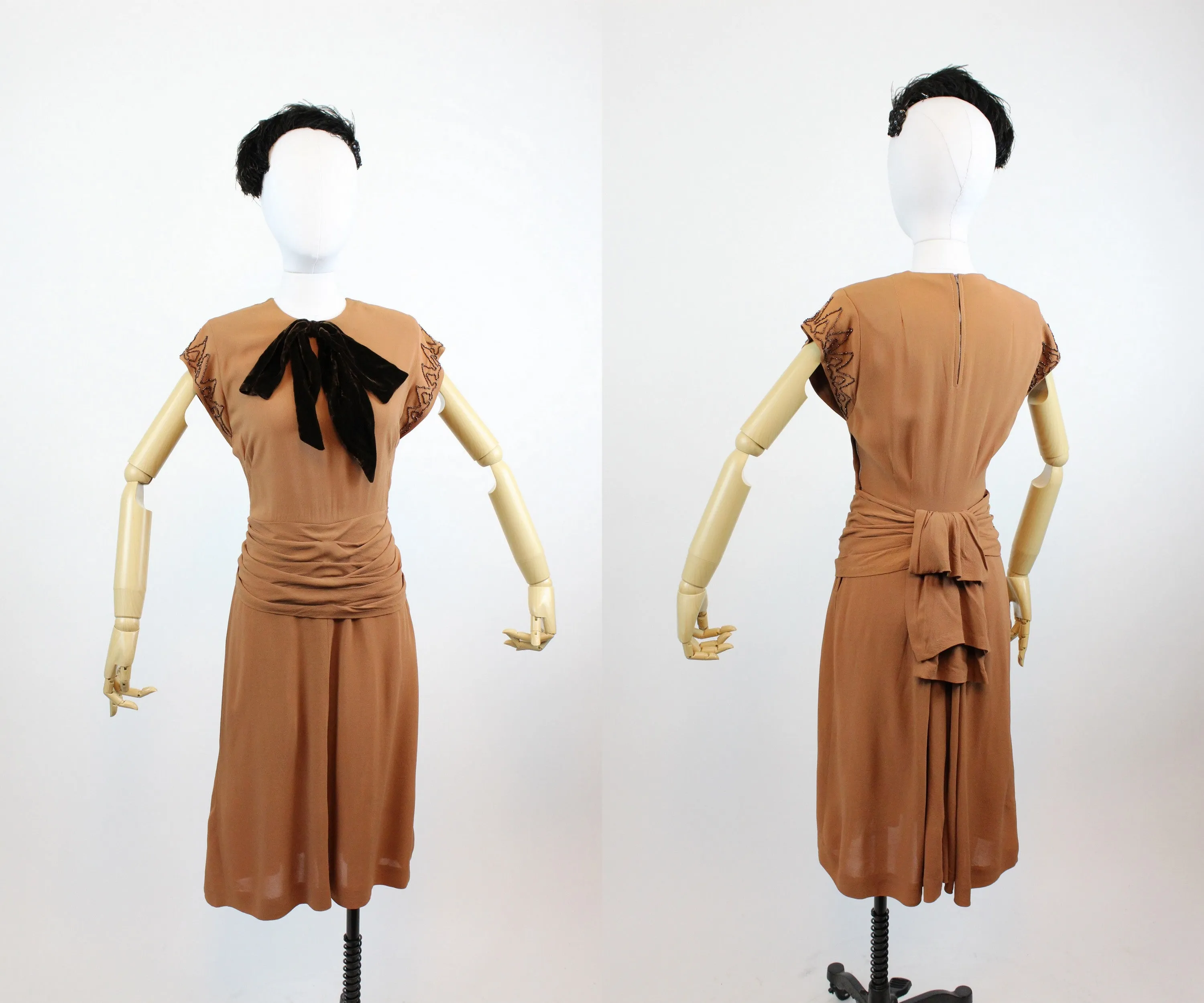 1940's rayon beaded dress butterscotch dress xs | new fall