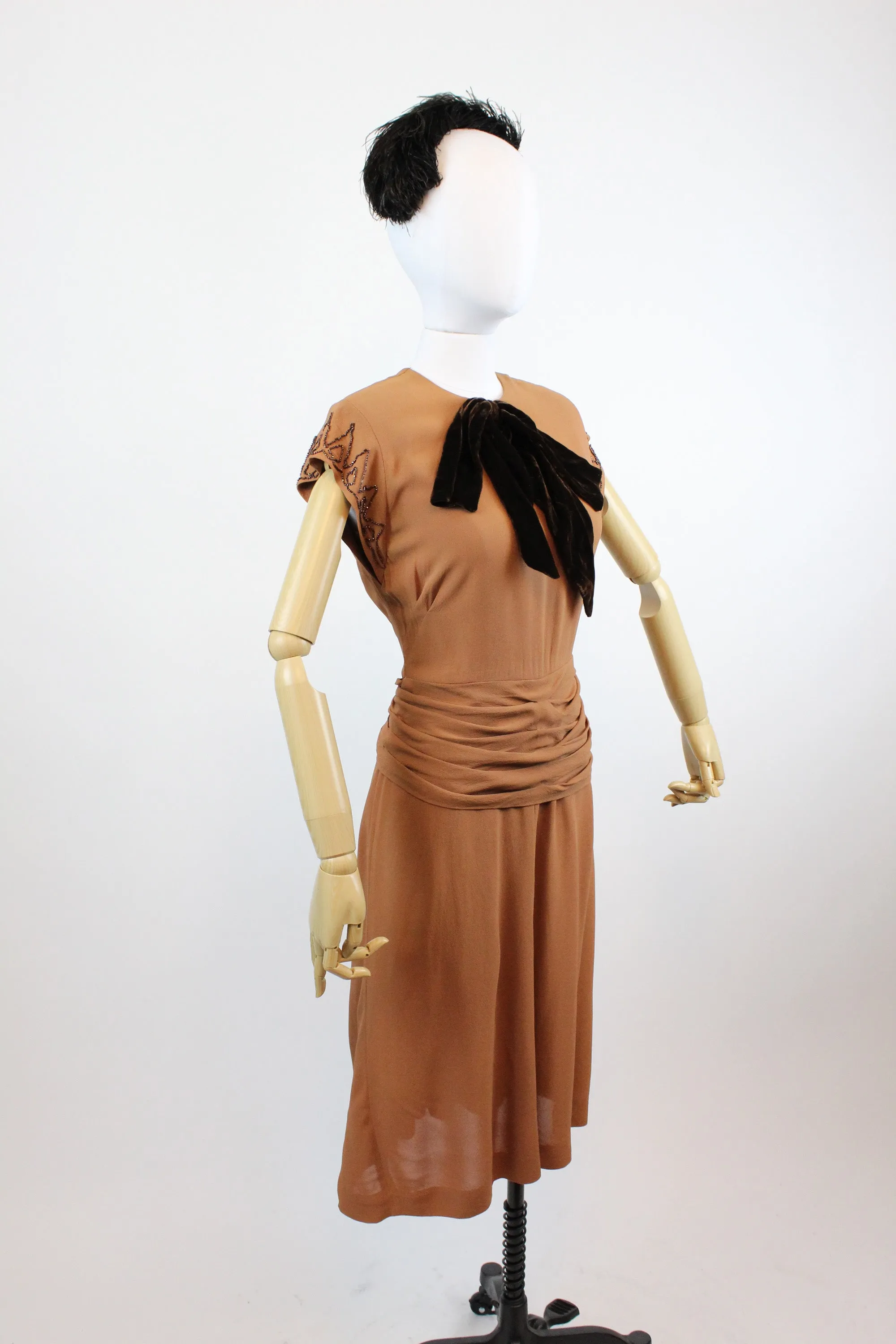 1940's rayon beaded dress butterscotch dress xs | new fall