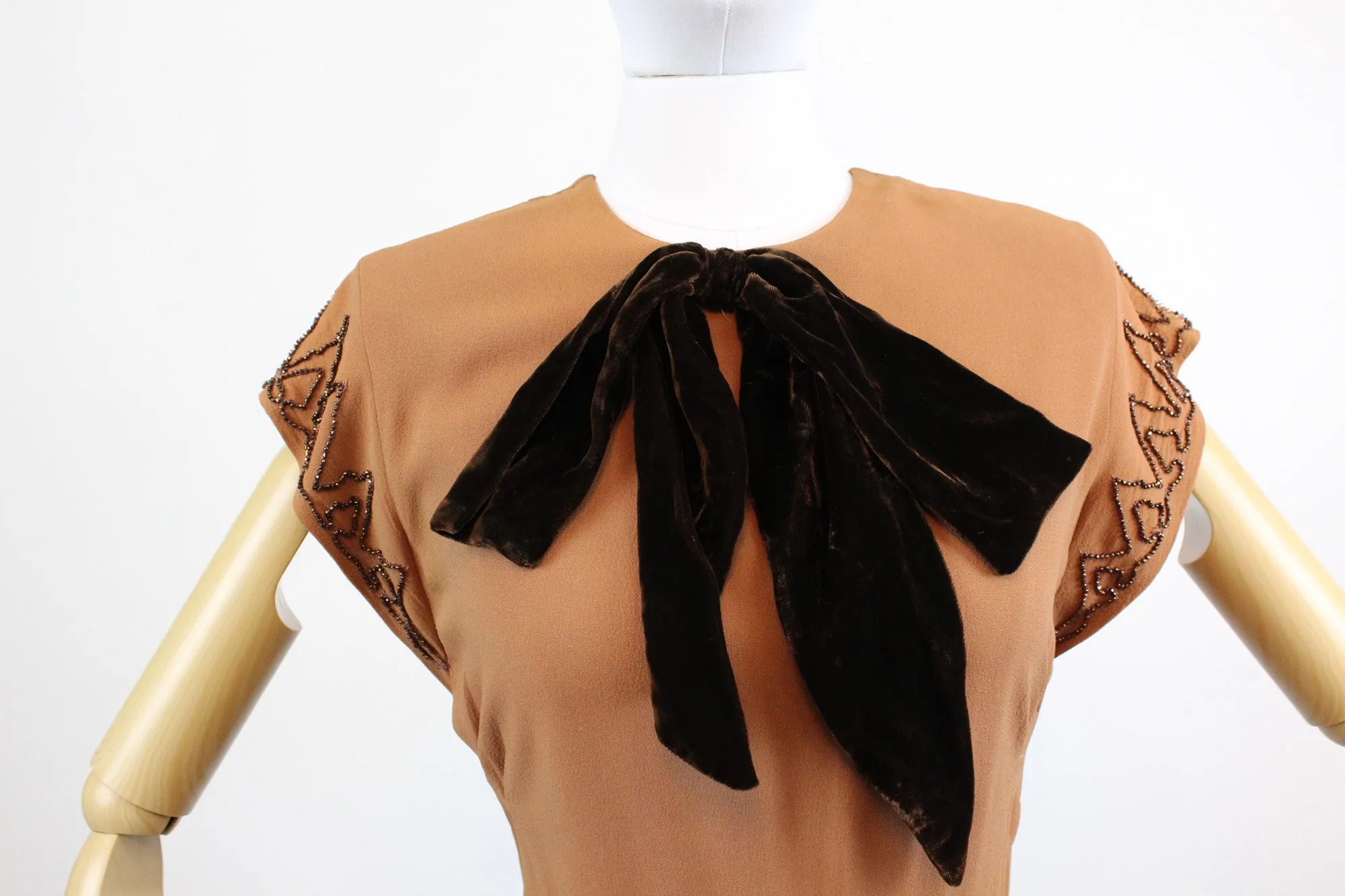1940's rayon beaded dress butterscotch dress xs | new fall