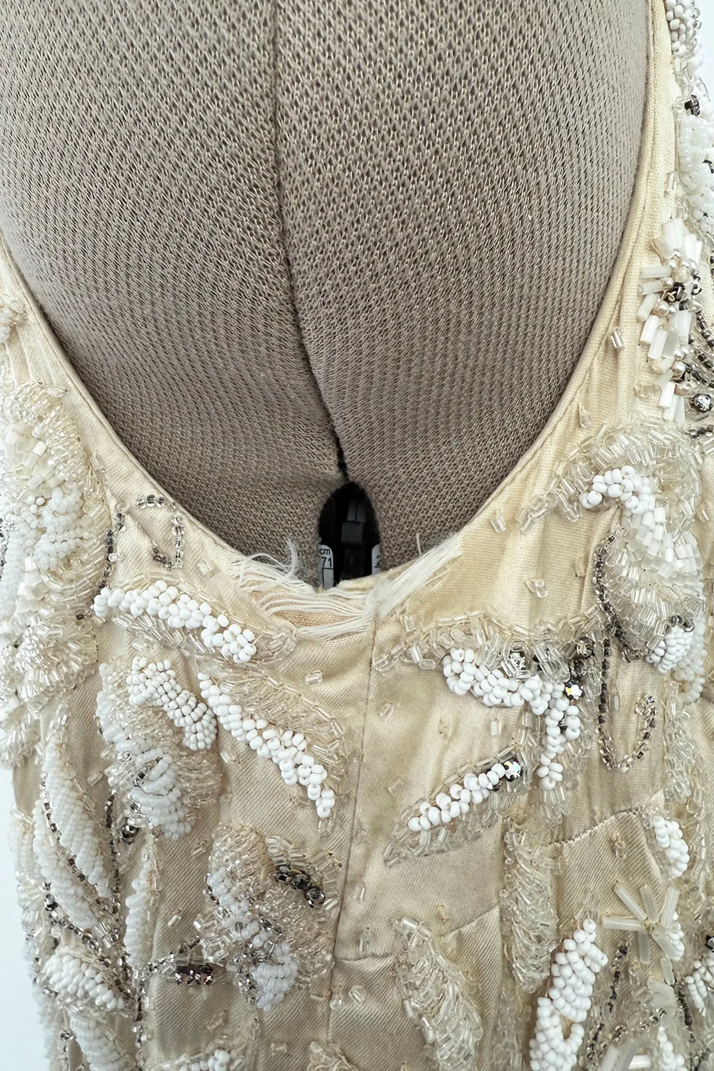 1950s Mde. Etoile Ivory Silk Heavily Hand Beaded Demi Couture Dress w Scoop Back
