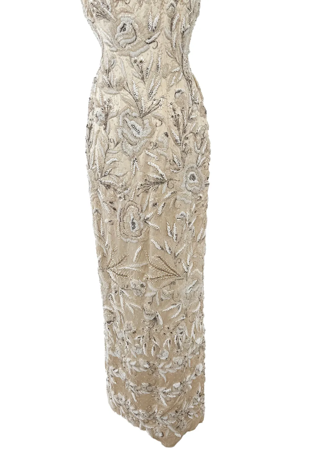1950s Mde. Etoile Ivory Silk Heavily Hand Beaded Demi Couture Dress w Scoop Back