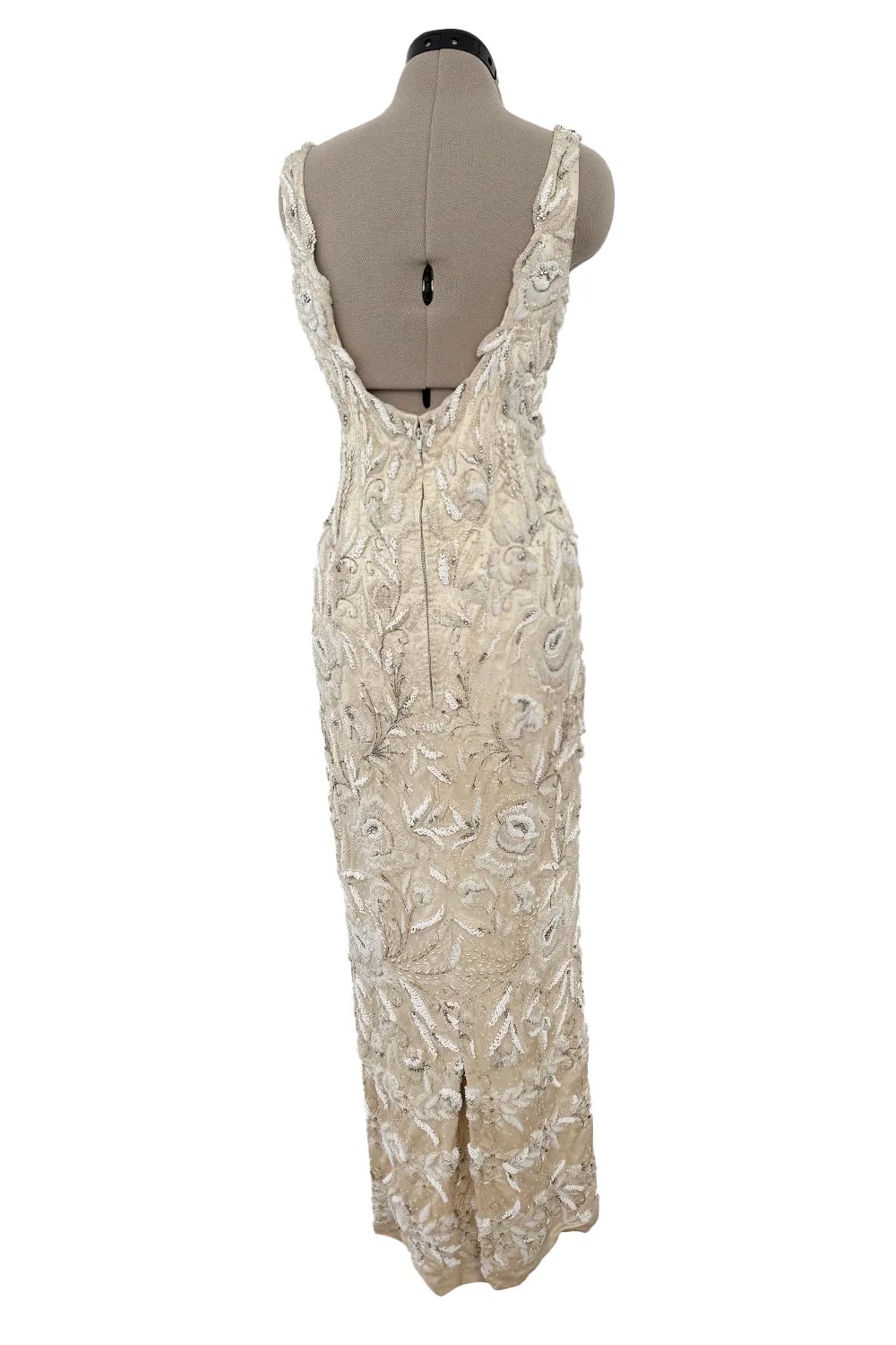 1950s Mde. Etoile Ivory Silk Heavily Hand Beaded Demi Couture Dress w Scoop Back