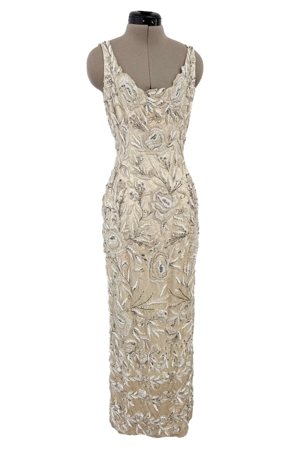 1950s Mde. Etoile Ivory Silk Heavily Hand Beaded Demi Couture Dress w Scoop Back