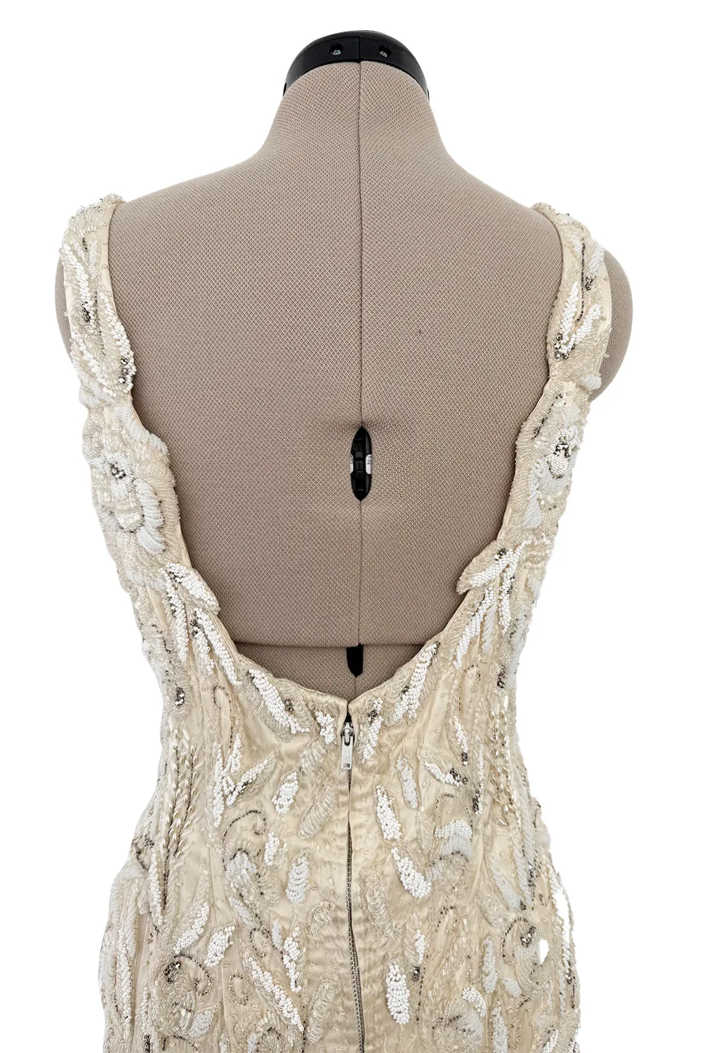 1950s Mde. Etoile Ivory Silk Heavily Hand Beaded Demi Couture Dress w Scoop Back
