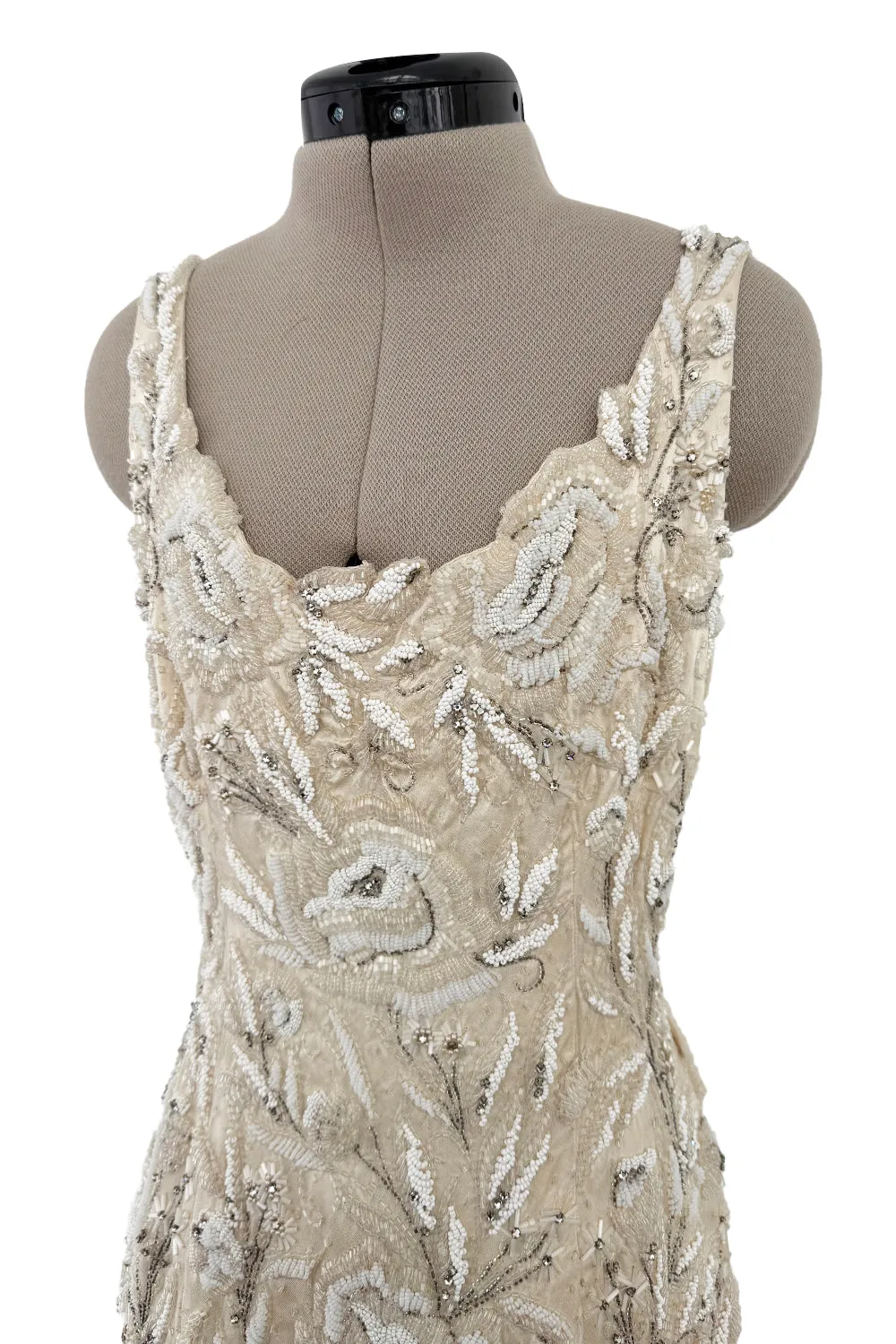 1950s Mde. Etoile Ivory Silk Heavily Hand Beaded Demi Couture Dress w Scoop Back