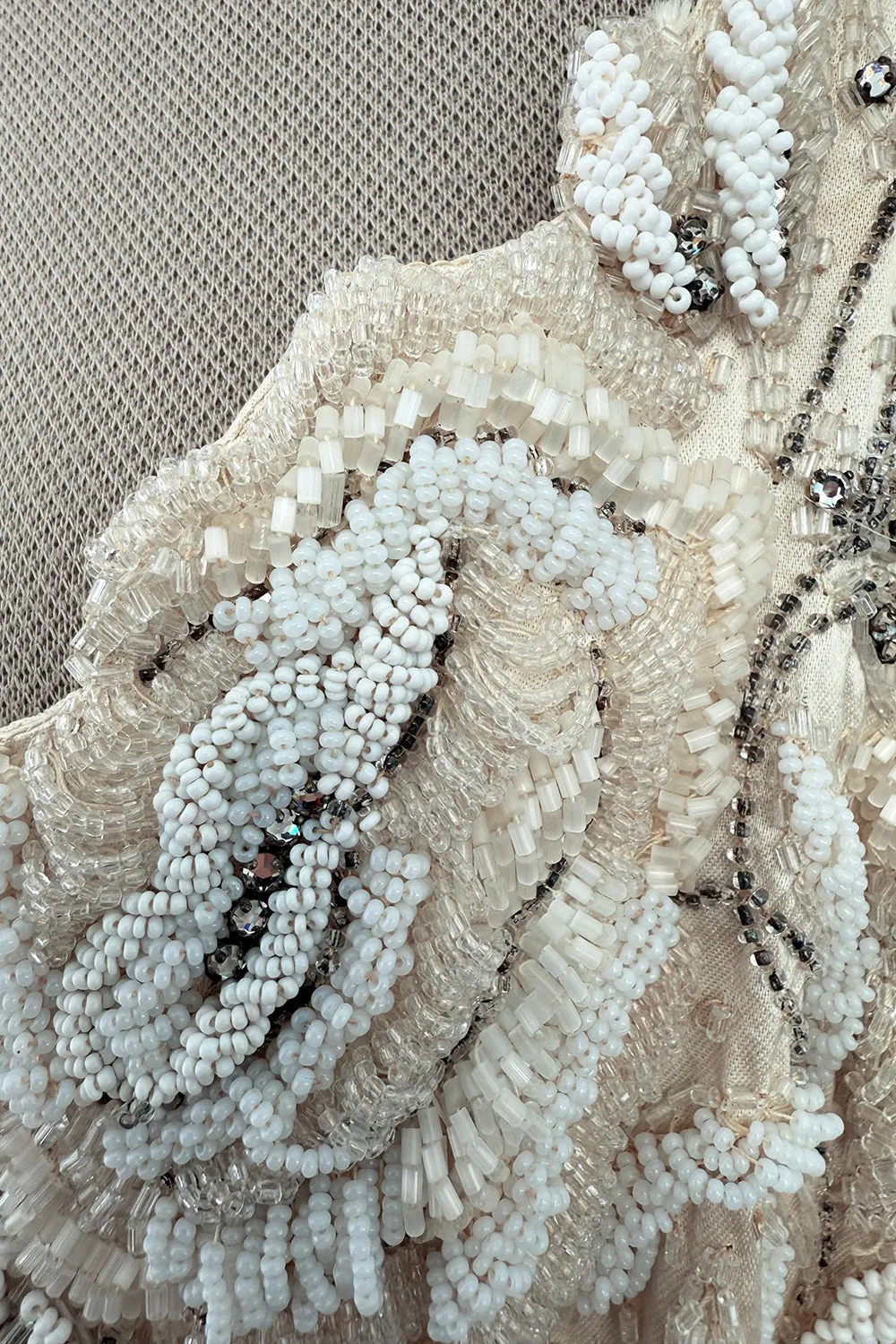 1950s Mde. Etoile Ivory Silk Heavily Hand Beaded Demi Couture Dress w Scoop Back