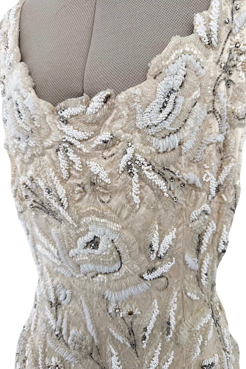 1950s Mde. Etoile Ivory Silk Heavily Hand Beaded Demi Couture Dress w Scoop Back