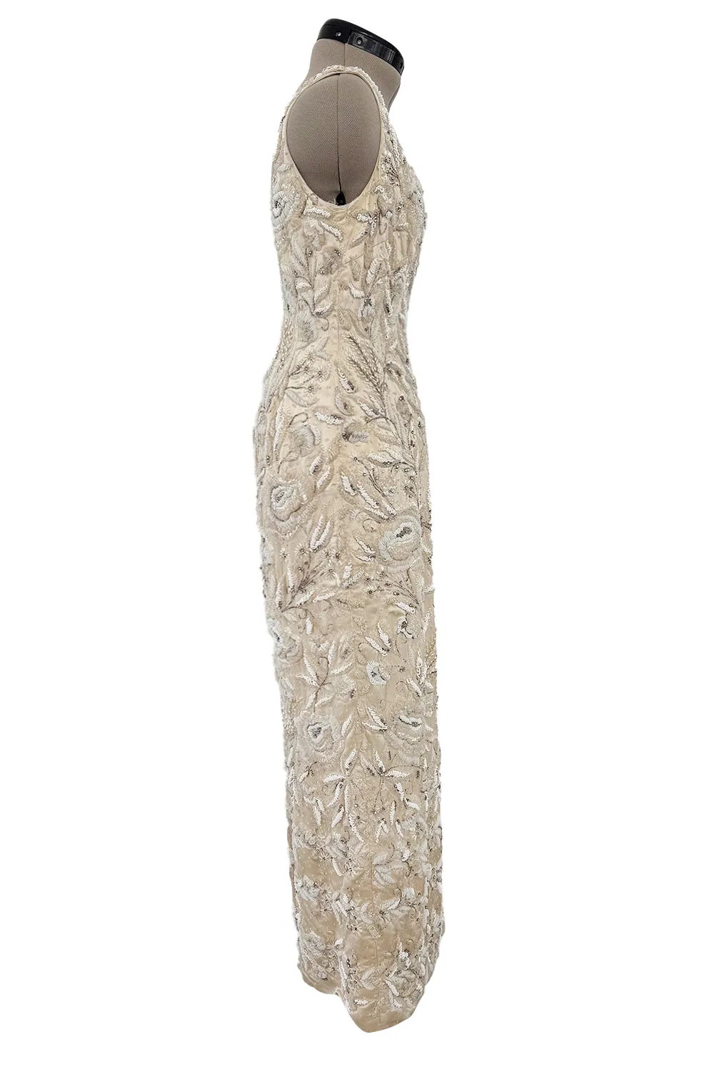 1950s Mde. Etoile Ivory Silk Heavily Hand Beaded Demi Couture Dress w Scoop Back