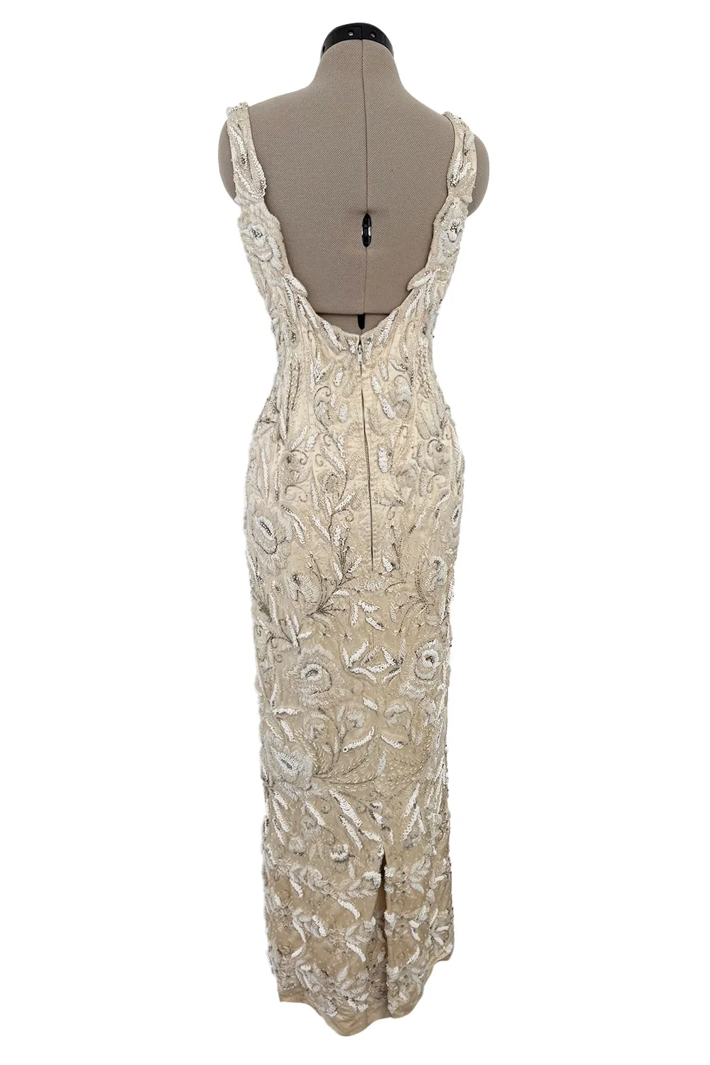 1950s Mde. Etoile Ivory Silk Heavily Hand Beaded Demi Couture Dress w Scoop Back