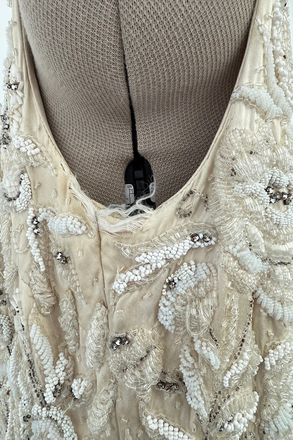 1950s Mde. Etoile Ivory Silk Heavily Hand Beaded Demi Couture Dress w Scoop Back
