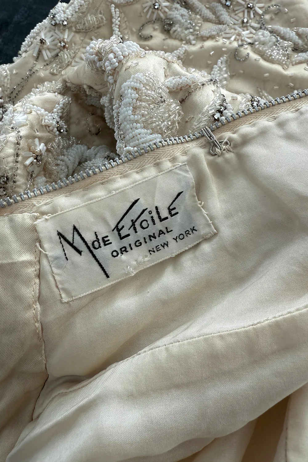 1950s Mde. Etoile Ivory Silk Heavily Hand Beaded Demi Couture Dress w Scoop Back
