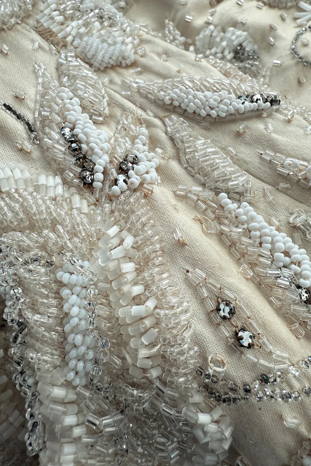 1950s Mde. Etoile Ivory Silk Heavily Hand Beaded Demi Couture Dress w Scoop Back
