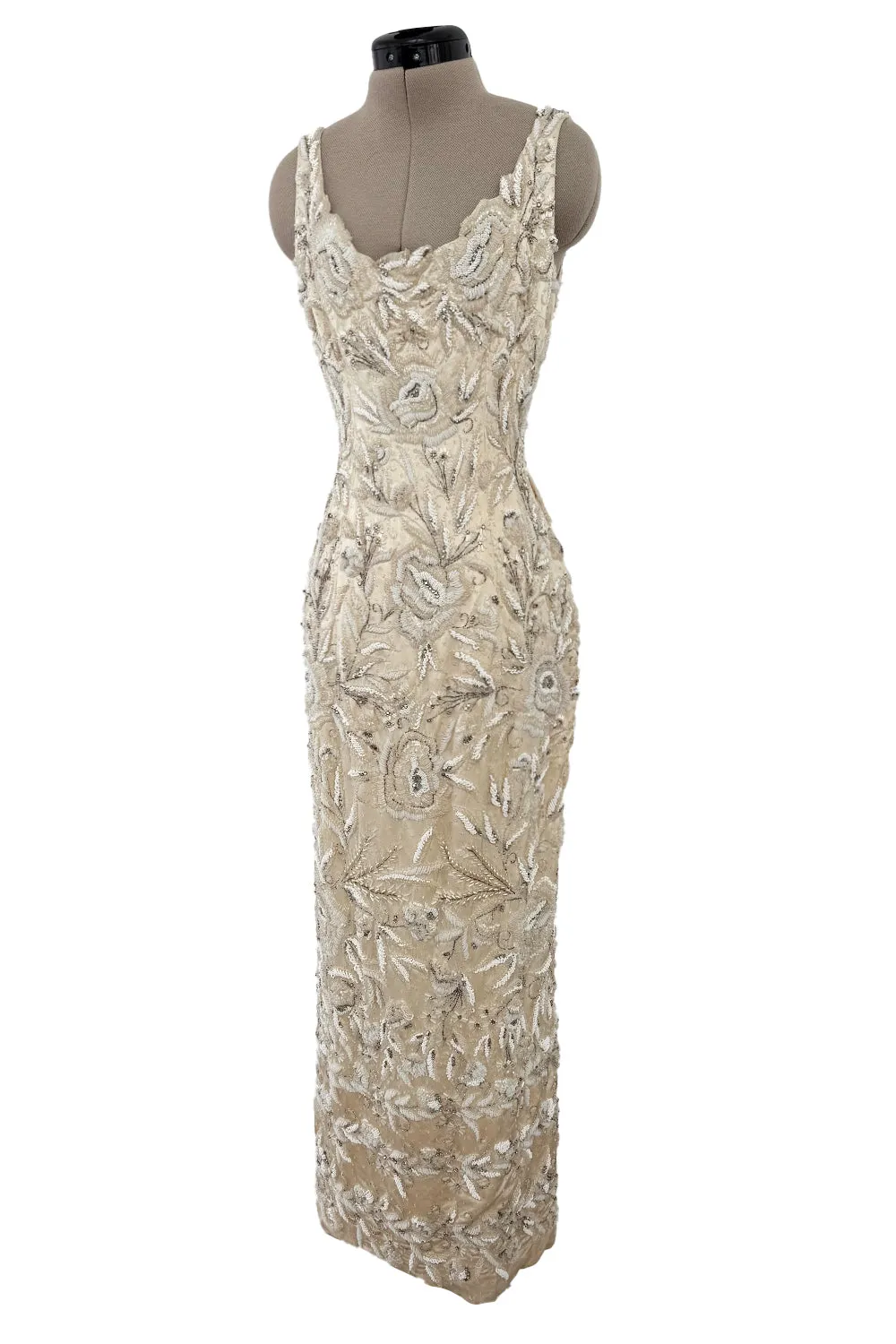 1950s Mde. Etoile Ivory Silk Heavily Hand Beaded Demi Couture Dress w Scoop Back