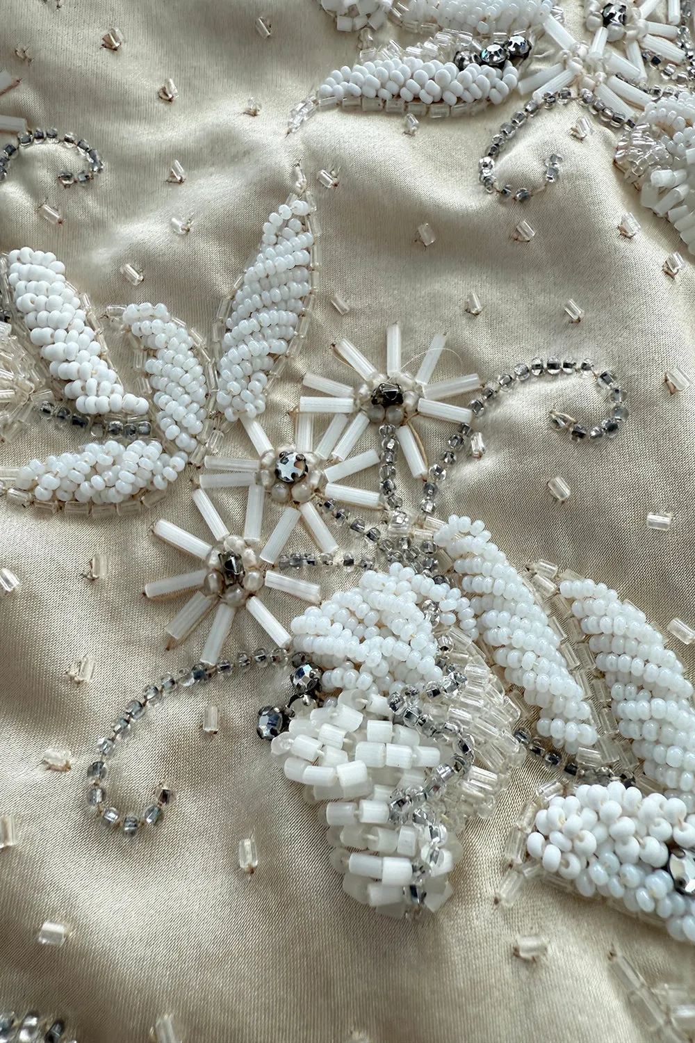 1950s Mde. Etoile Ivory Silk Heavily Hand Beaded Demi Couture Dress w Scoop Back