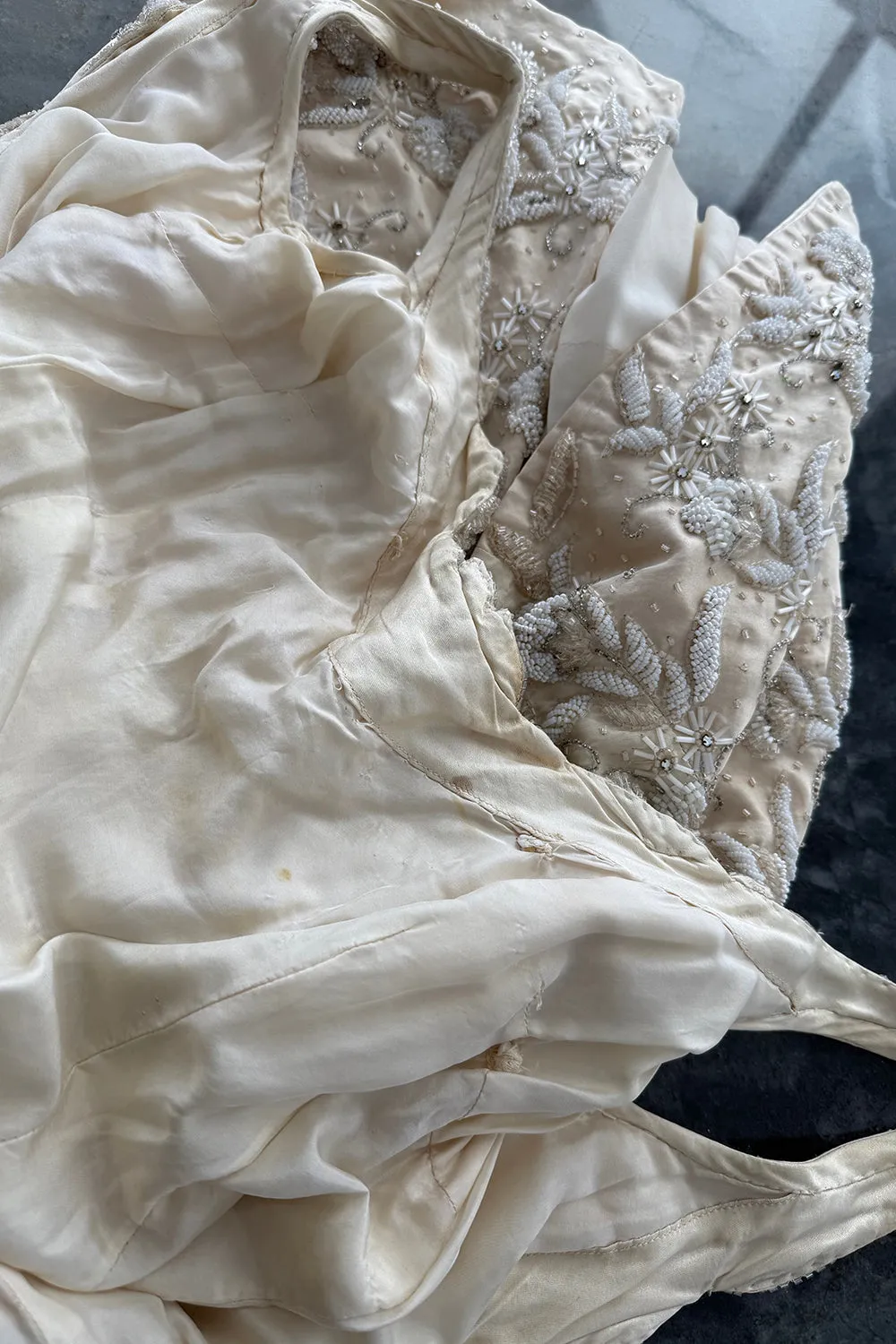 1950s Mde. Etoile Ivory Silk Heavily Hand Beaded Demi Couture Dress w Scoop Back