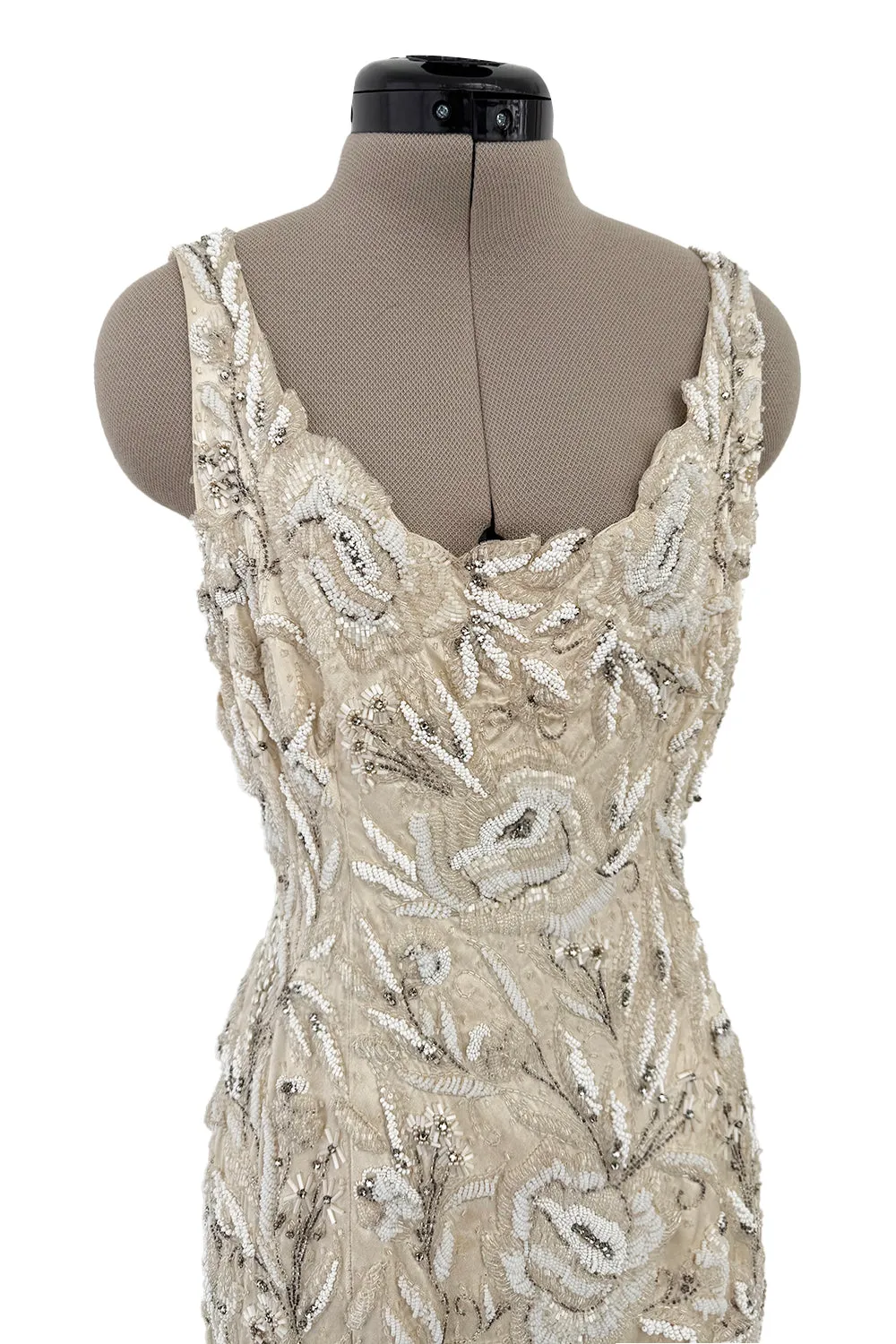 1950s Mde. Etoile Ivory Silk Heavily Hand Beaded Demi Couture Dress w Scoop Back