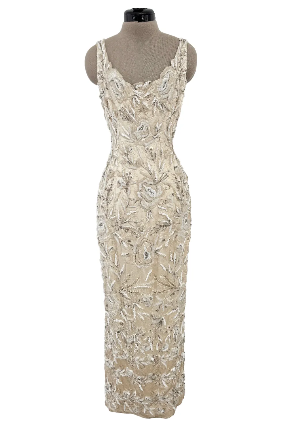 1950s Mde. Etoile Ivory Silk Heavily Hand Beaded Demi Couture Dress w Scoop Back