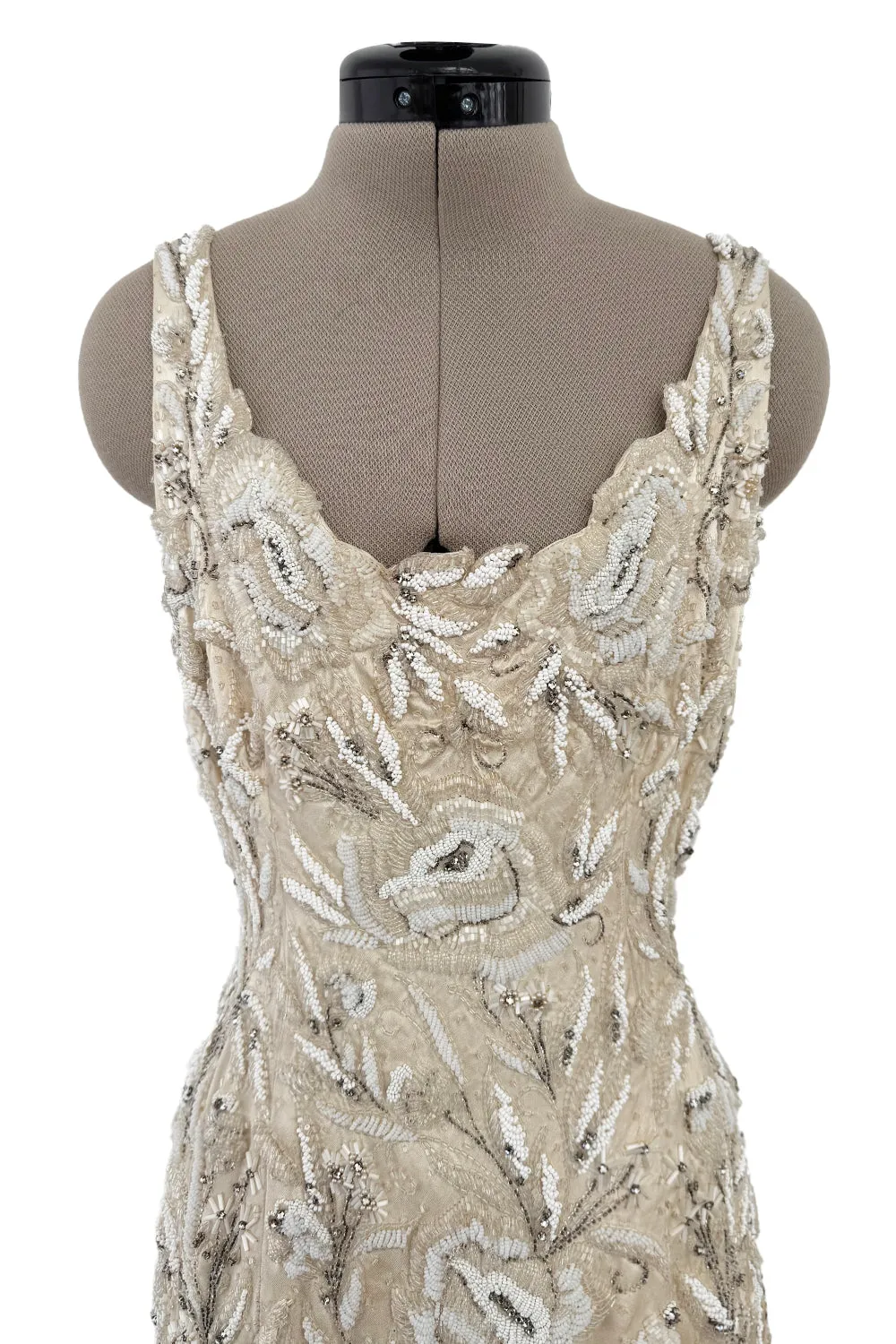 1950s Mde. Etoile Ivory Silk Heavily Hand Beaded Demi Couture Dress w Scoop Back