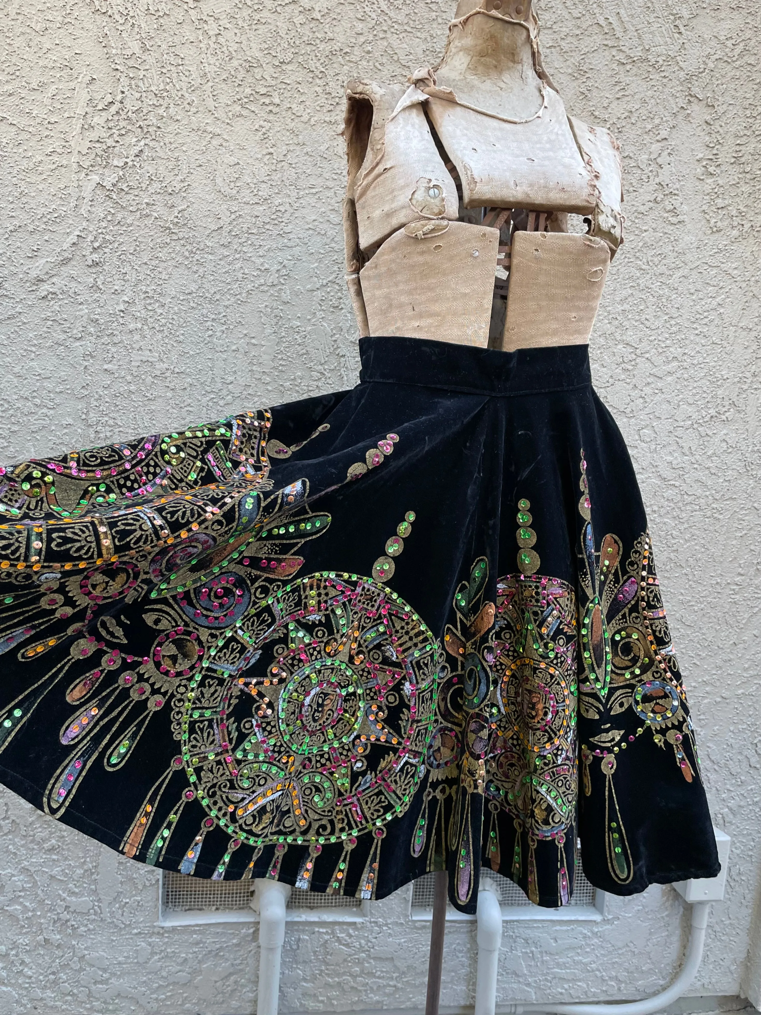 1950s Mexican Hand Painted Velvet Sequin Two Piece