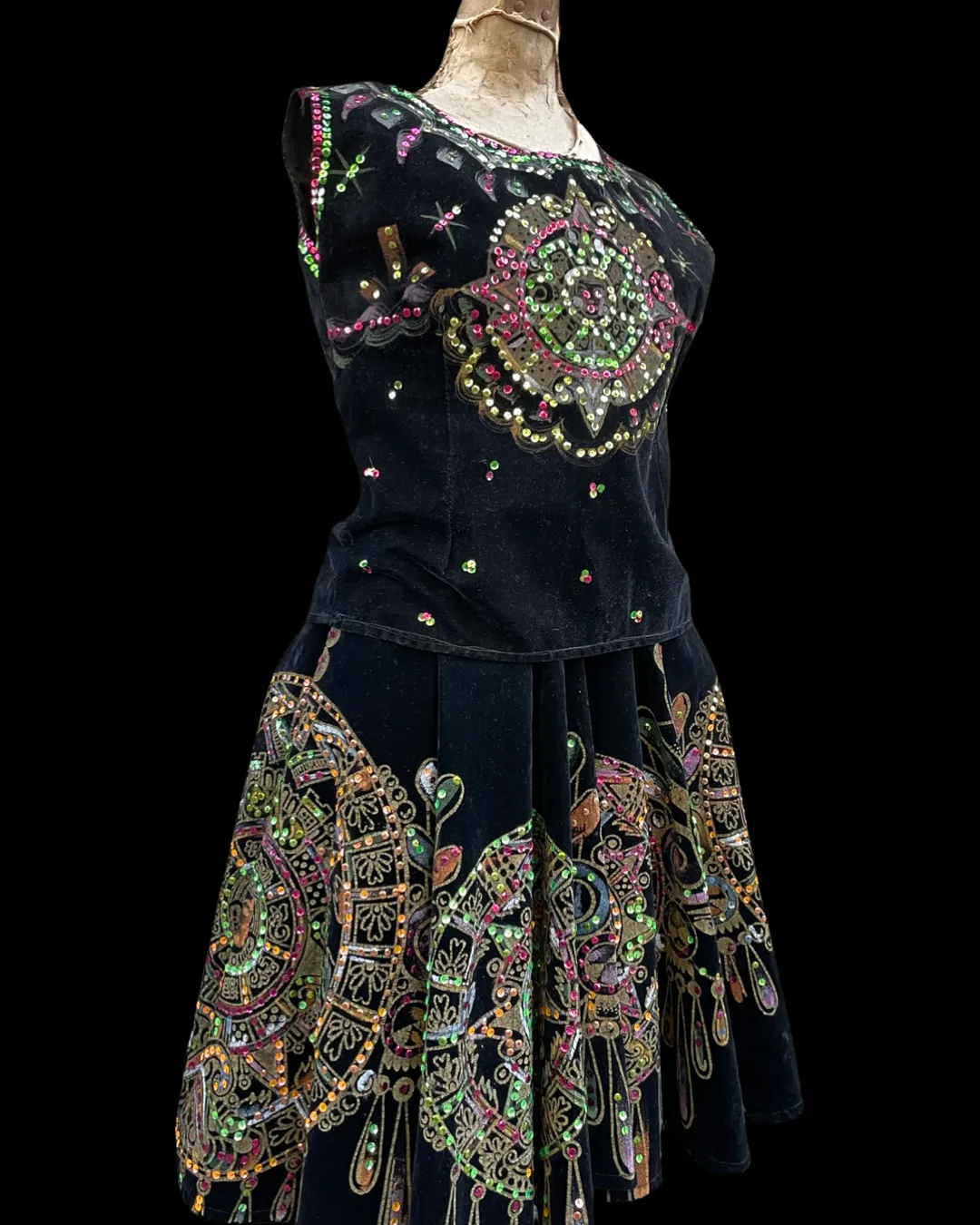1950s Mexican Hand Painted Velvet Sequin Two Piece