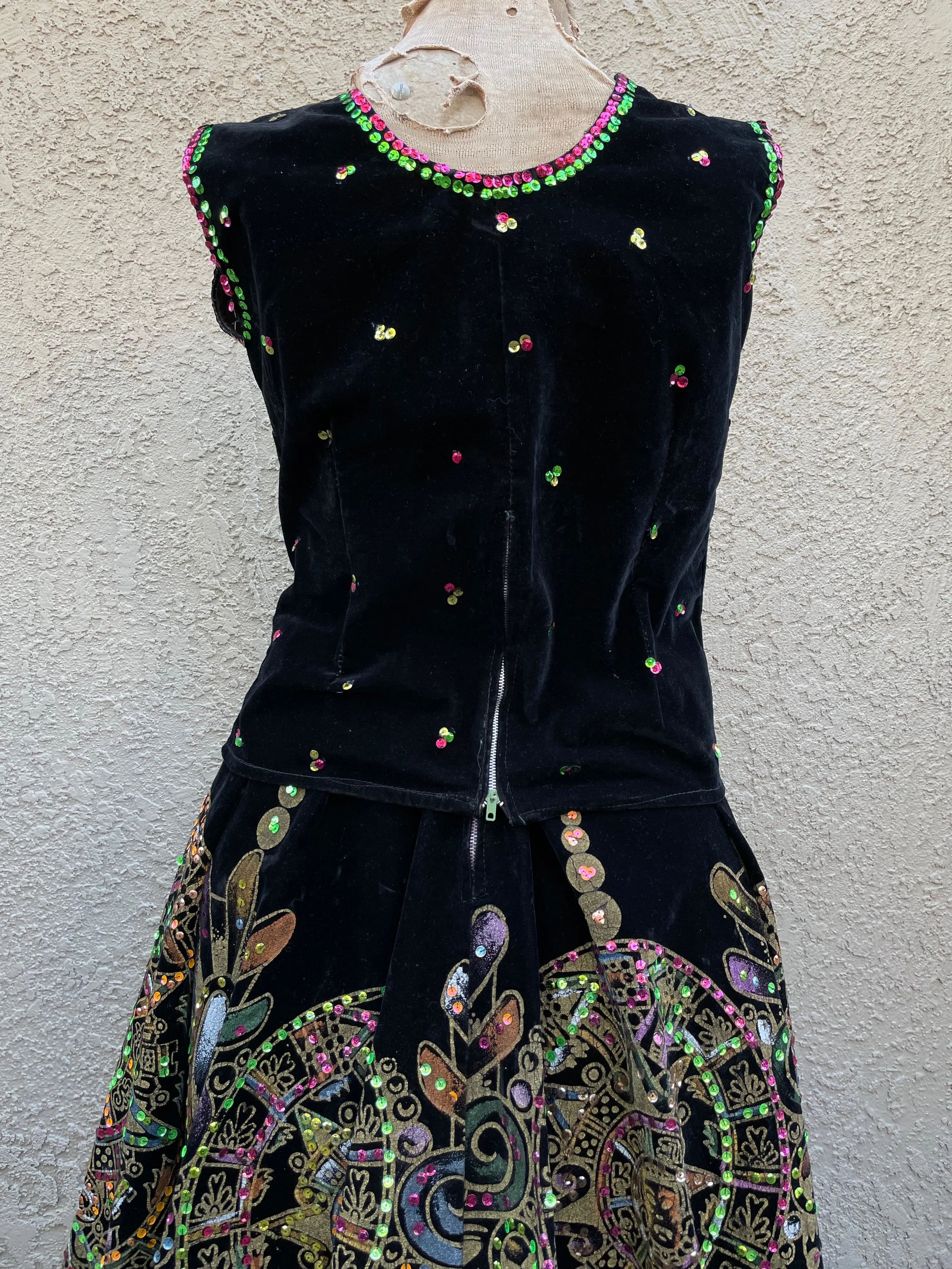 1950s Mexican Hand Painted Velvet Sequin Two Piece