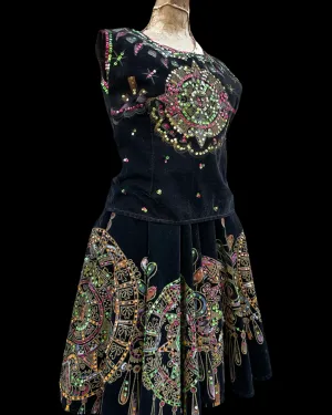 1950s Mexican Hand Painted Velvet Sequin Two Piece
