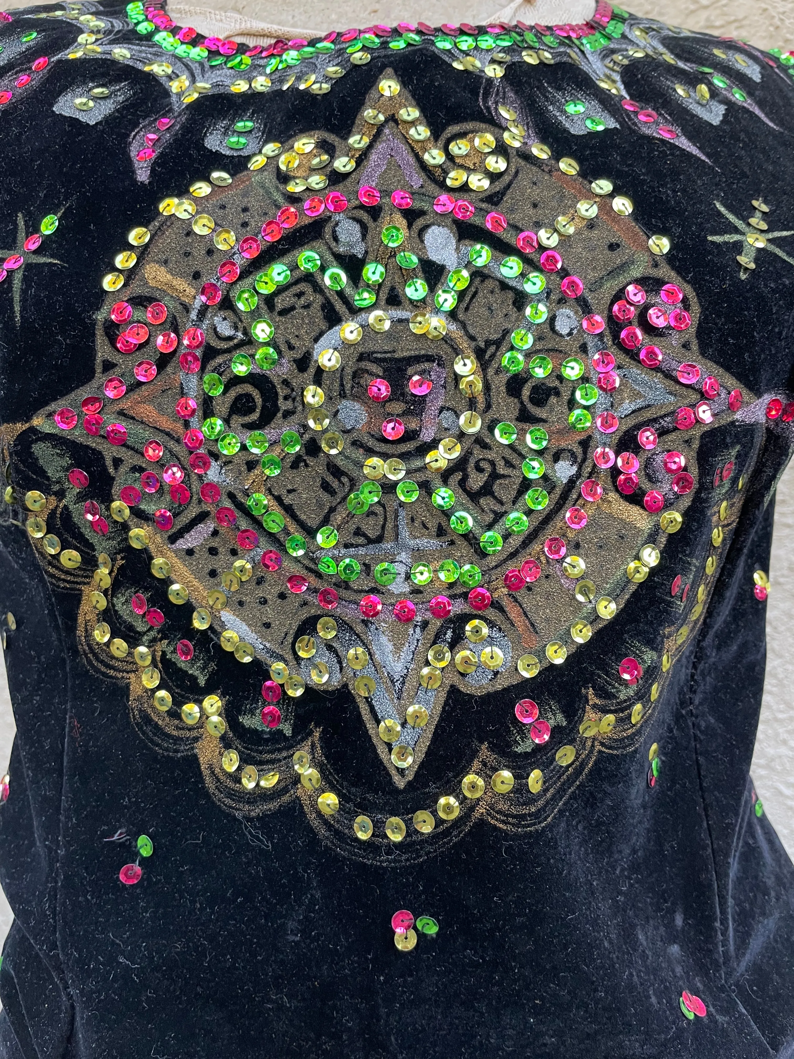 1950s Mexican Hand Painted Velvet Sequin Two Piece
