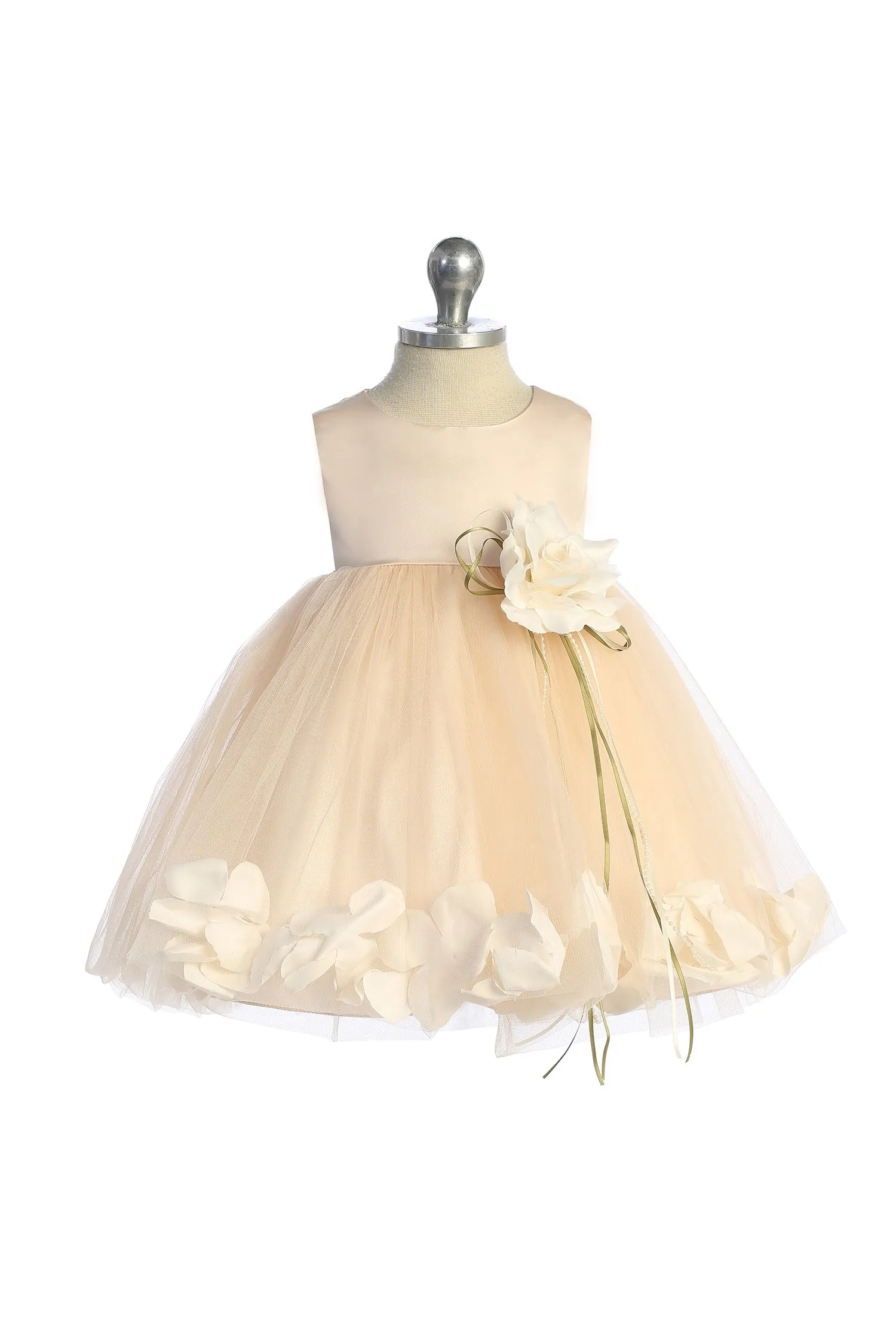 195B[SASH] Satin Flower Petal Baby Dress w/ Organza Sash (Blush Dress)
