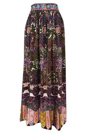 1960s Valentina Beaded & Sequin Elaborate Printed Felt Jersey Maxi Skirt