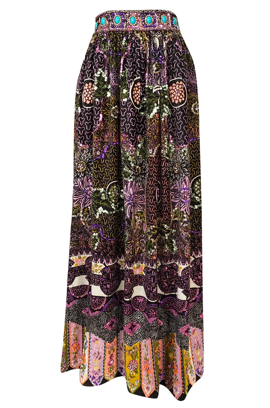 1960s Valentina Beaded & Sequin Elaborate Printed Felt Jersey Maxi Skirt