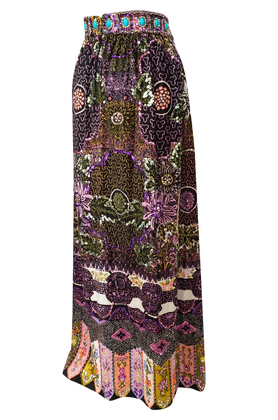 1960s Valentina Beaded & Sequin Elaborate Printed Felt Jersey Maxi Skirt