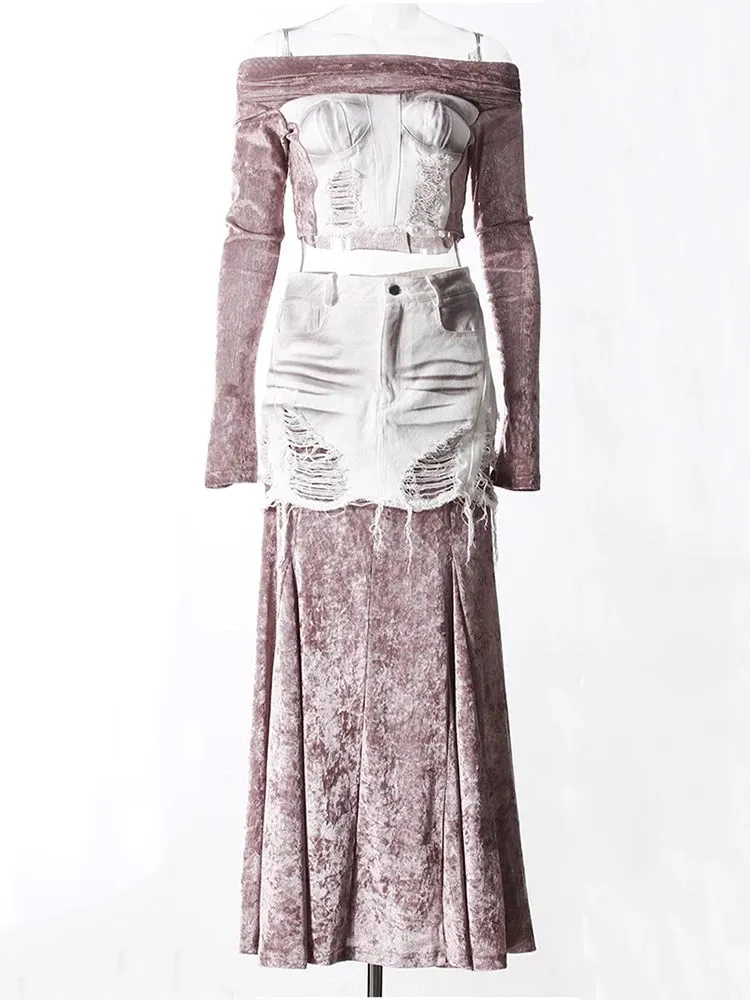 2 Pcs Set Slash Neck Golden Velvet Denim Patchwork Skirt Suit