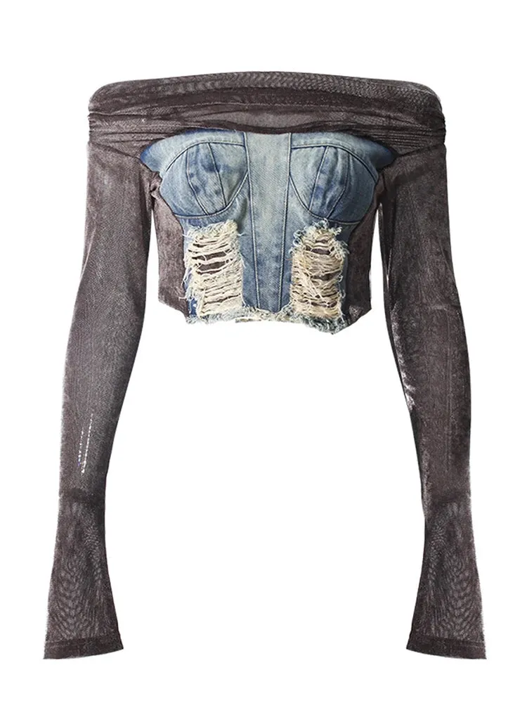 2 Pcs Set Slash Neck Golden Velvet Denim Patchwork Skirt Suit