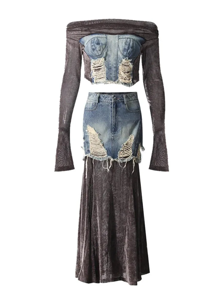 2 Pcs Set Slash Neck Golden Velvet Denim Patchwork Skirt Suit