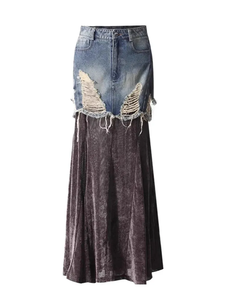 2 Pcs Set Slash Neck Golden Velvet Denim Patchwork Skirt Suit