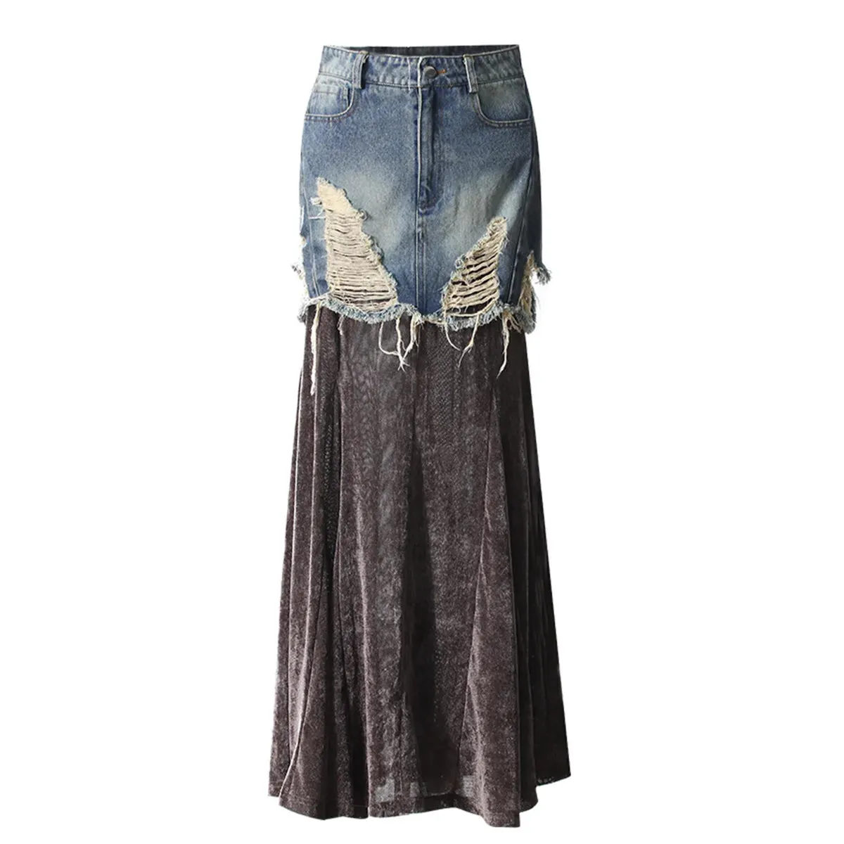 2 Pcs Set Slash Neck Golden Velvet Denim Patchwork Skirt Suit