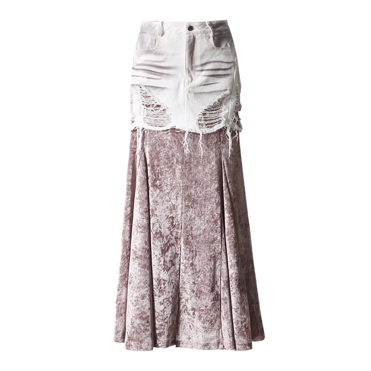 2 Pcs Set Slash Neck Golden Velvet Denim Patchwork Skirt Suit