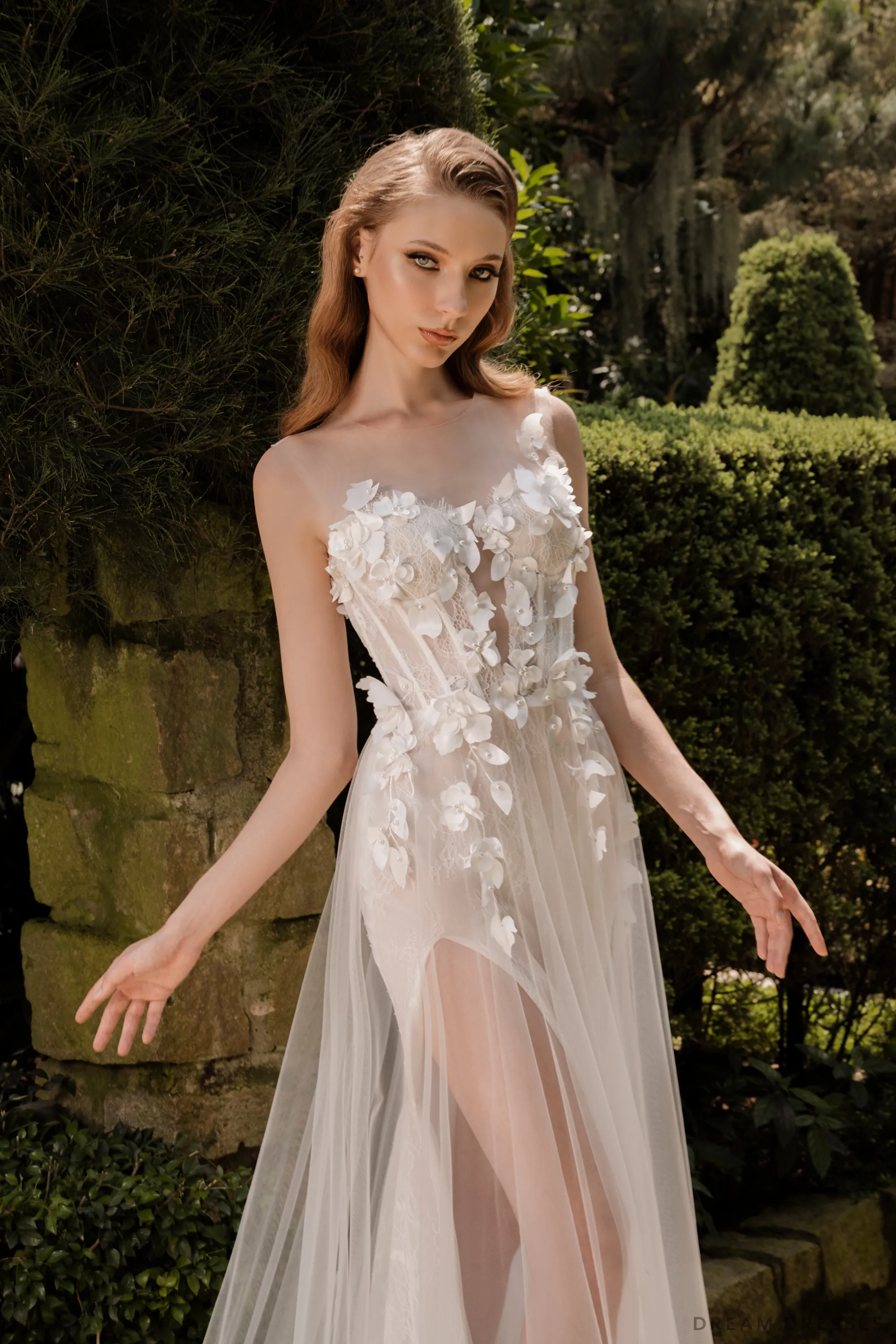 3D Lace Wedding Dress with High Slit (#JUSTYNE)