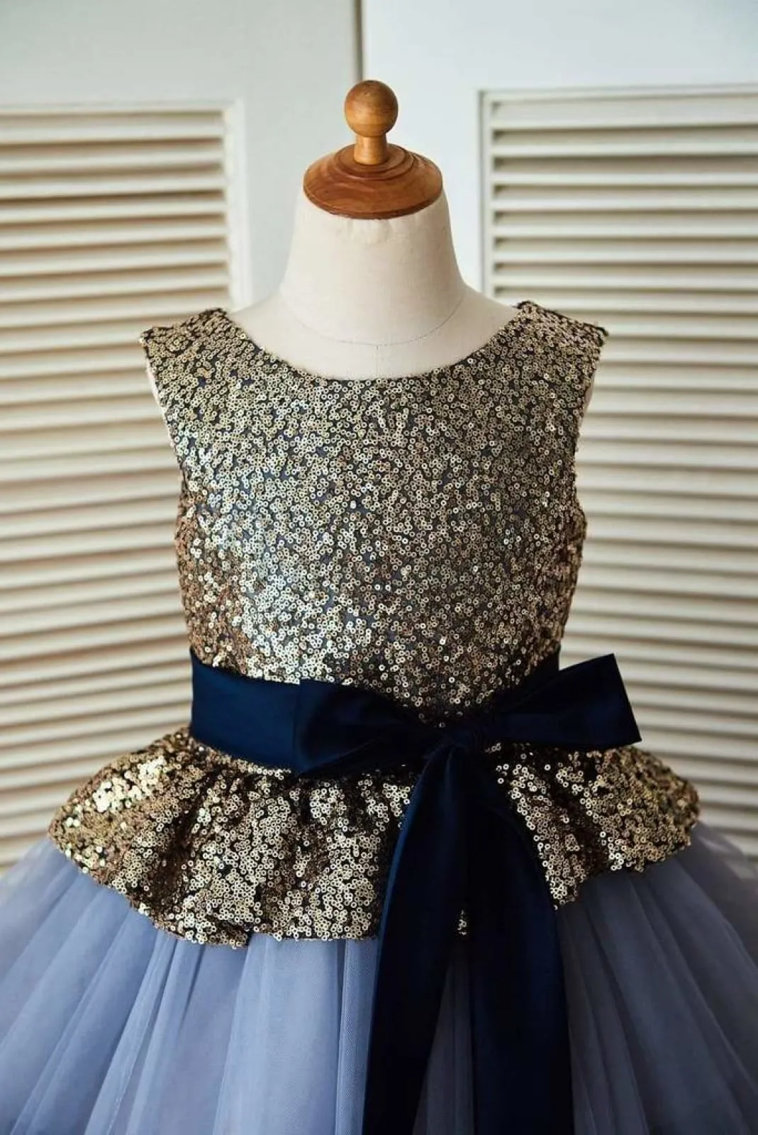 $79 SALE: Gold Sequin Blue Cupcake Tulle Wedding Flower Girl Dress with Navy Blue Belt