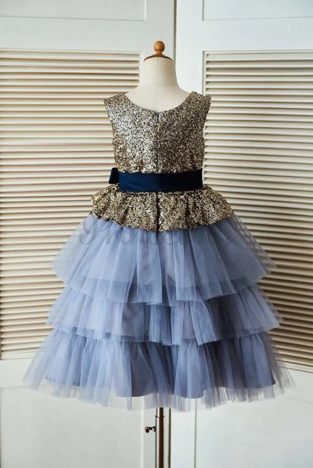 $79 SALE: Gold Sequin Blue Cupcake Tulle Wedding Flower Girl Dress with Navy Blue Belt