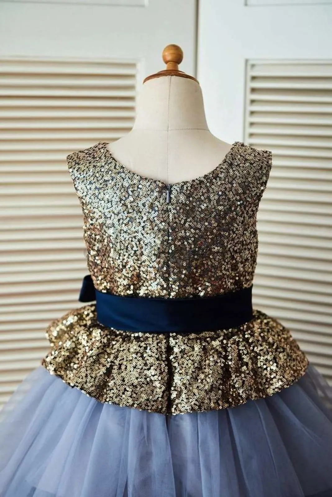 $79 SALE: Gold Sequin Blue Cupcake Tulle Wedding Flower Girl Dress with Navy Blue Belt
