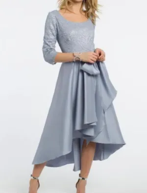 A-line Hi Low Scoop Neck 3/4 Sleeve Satin Mother of Bride/Wedding Guest Dress