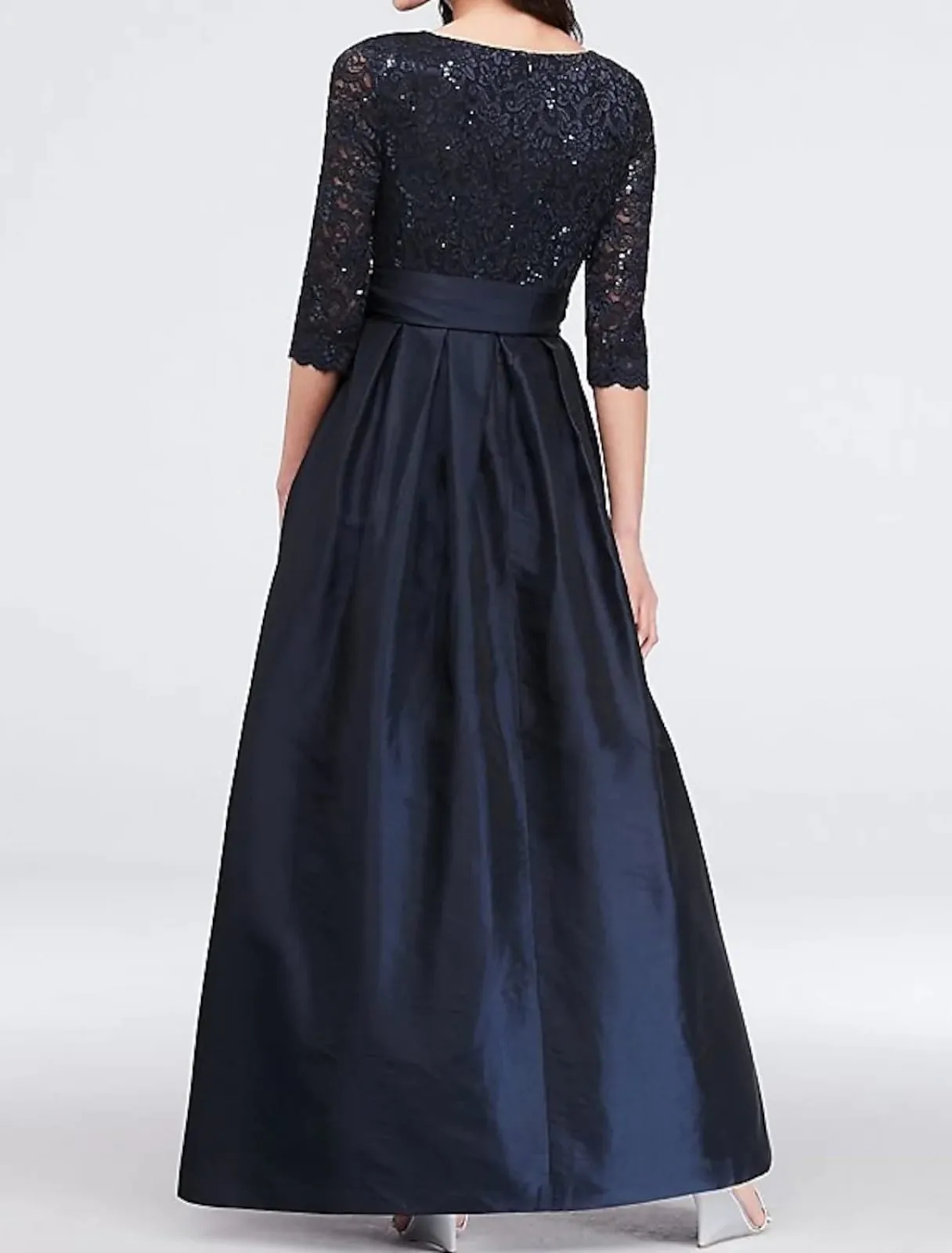 A-line V Neck Ankle Length Lace Satin 3/4 Sleeve Navy Mother of Bride Dress, Sash