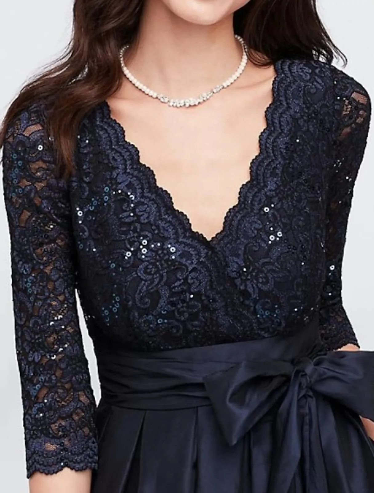 A-line V Neck Ankle Length Lace Satin 3/4 Sleeve Navy Mother of Bride Dress, Sash